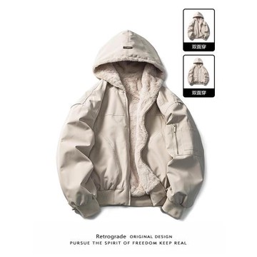 美式復古純色連帽加絨雙面穿棉衣男冬季街頭潮牌座山雕羊羔毛外套