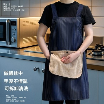 【可拆卸擦手巾圍裙】加厚吸水毛巾+雙層收納口袋 交叉免綁帶設計 防水防油污 穿脫方便 清潔簡單 多功能圍裙 圍裙