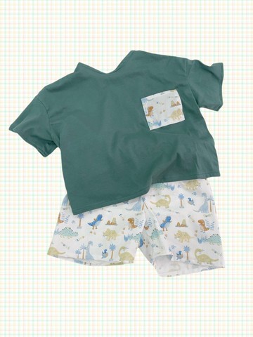 【台灣製手創】夏季棉T短褲套裝_恐龍款