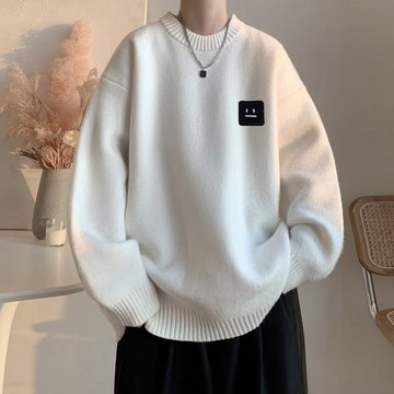 毛衣男士墨綠色休閒內搭圓領冬裝線衣青少年寬鬆慵懶風時尚針織衫