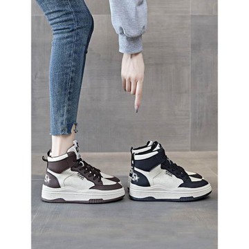 真皮春秋款高幫鞋女鞋秋冬2025新款休閑爆款皮面軟底小白運動板鞋