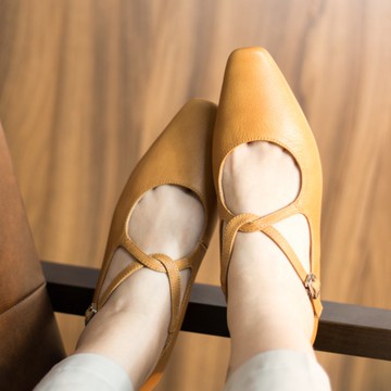 方頭交叉帶瑪麗珍女鞋/橙黃色/681C楦