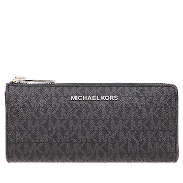MICHAEL KORS 經典滿版老花L型拉鍊長夾 防刮PVC皮革 皮夾 長夾 M84947 黑灰色MK(現貨)▶指定Outlet商品5折起☆現貨【送禮首選★APP下單點數4倍送】