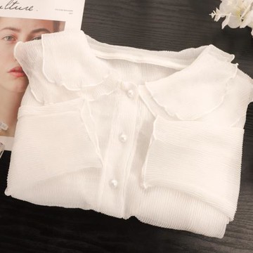 白色網紗打底衫女春秋薄款雙層領甜美蕾絲襯衫內搭薄紗溫柔風上衣