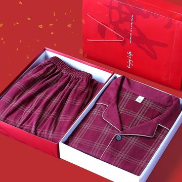 俞兆林男土春秋純棉睡衣禮盒酒紅色本命年秋季男式綢格子長袖長褲