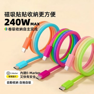 240W快充線 漸變彩虹 傳輸線 數據線 充電線 快充線 磁吸收納 編織傳輸型 創意自動磁吸快充線 適用蘋果15-17