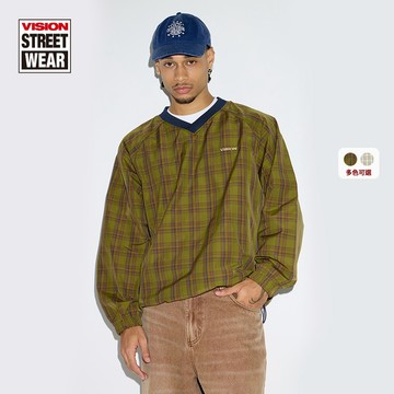 VISION STREET WEAR CLOWN系列美式復古梭織V領格紋肌理套頭衛衣 V263NB5011 V263NB