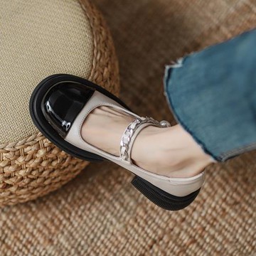 真皮瑪麗珍鞋女法式2024春新款鏈條厚底淺口單鞋復古英倫風小皮鞋