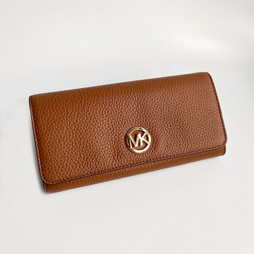 美國百分百【全新真品】MICHAEL KORS MK 皮質 長夾 卡夾 扁包 精品 皮夾 logo 女用 駝色 BJ78