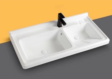 【麗室衛浴】簡約現代板1030 雙槽+雙龍頭孔 陶瓷洗衣槽 含不銹鋼黑色置物架 現貨1組