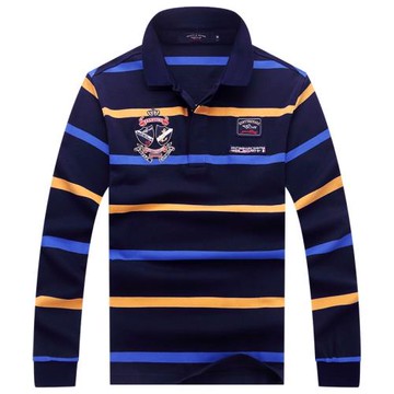 泰斯鯊魚秋季男士純棉長袖T恤寬松大碼寬條紋打底衫立領商務青年