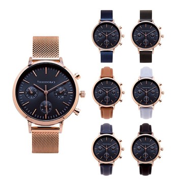 【THEODORA'S】Apollo 中性三眼真皮/金屬腕錶[小錶面] 三眼深藍【希奧朵拉】