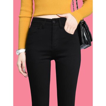 (免運)高腰黑色牛仔褲女2025秋冬新款彈力緊身顯瘦加絨九分小腳長褲子