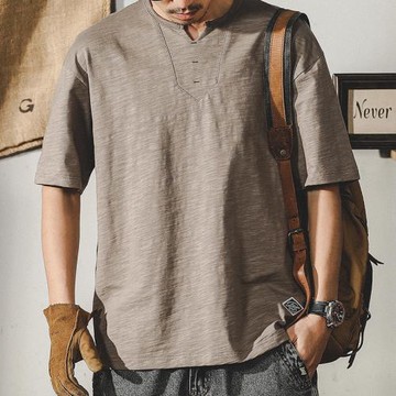 杰雷諾美式水洗T恤男短袖經典復古POLO衫重磅竹節肌理硬漢亨利衫