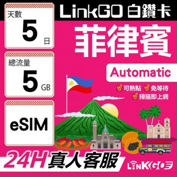 LINKGO白鑽卡 菲律賓 eSIM卡 5天上網卡 總流量5GB 高速流量(菲律賓網卡 宿霧 巴拉望 馬尼拉)