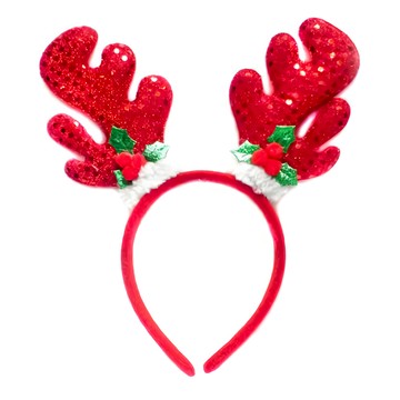 摩達客 亮片鹿角聖誕葉髮箍 (紅色)  1個