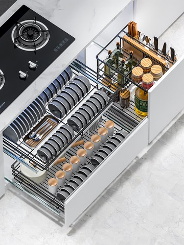 廚房抽屜式收納架 櫻花拉籃廚房櫥櫃304不銹鋼碗盤雙層抽屜式碗碟架收納調味籃碗籃『XY12629』
