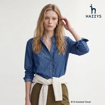 【HAZZYS】女款淺藍色荷葉木耳領直條皺褶長袖襯衫 YSYKD807