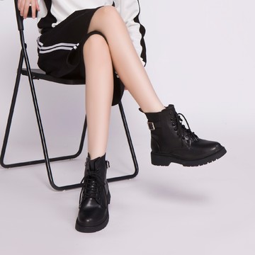 軟實力 綁帶造型織布厚底低筒軍靴 黑 (7B3099)