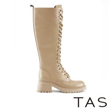 TAS 真皮馬甲圓頭厚底綁帶長靴 杏色 #44883