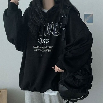 Vuja de  純棉  黑色連帽衛衣  薄衛衣 長袖上衣 oversize   刷毛   設計感  英文印花  上衣女
