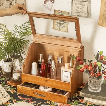 【台灣公司 可打統編】桌面收納盒梳妝臺香水置物架木質護膚化妝品展示架抽屜式帶蓋防塵  y8185