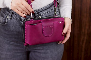 皮革女式包/粉紅色單肩皮夾/附拉鍊 iPhone 斜背皮夾