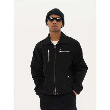 HACR丨harshandcruel美式街頭不對稱口袋拉鏈撞釘底特律夾克外套