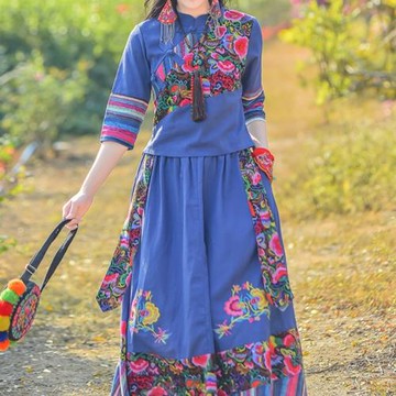 云南廣西民族風刺繡花套裝裙女2025新款立領中袖上衣半身裙兩件套