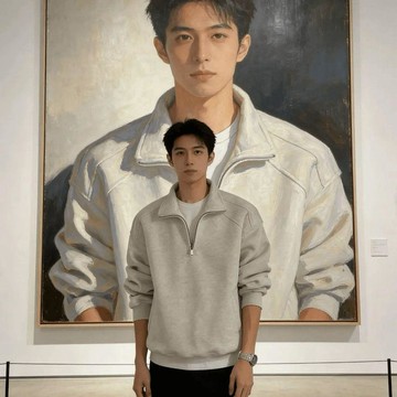 美式 休閒 白灰色 半拉鍊 加絨 立領 衛衣 男款 寬鬆 百搭 翻領 套頭衫 秋冬季 8C