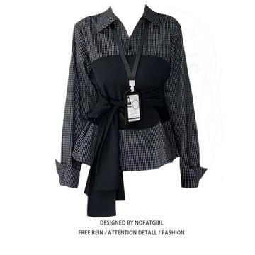 大碼胖MM韓系設計感拼接腰綁帶長袖假兩件格子襯衫女寬松百搭上衣