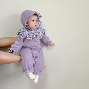 韓版春秋新款嬰幼童連體衣紫色貝殼花瓣領爬服女寶寶外出服配帽子