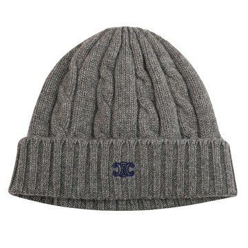 CELINE TRIOMPHE 標誌LOGO喀什米爾羊毛麻花針織毛帽.深灰