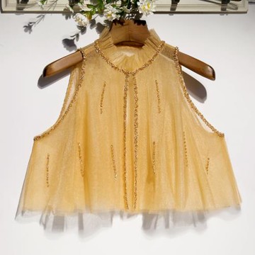 金色網紗百搭短款坎肩斗篷釘珠