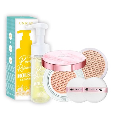 【UNICAT變臉貓 】光彩保濕氣墊粉餅X1+補充蕊X2送金盞花洗卸兩用慕斯150ml
