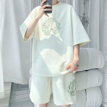 夏季新款休閒時尚套裝寬鬆百搭大碼男士潮流學生短袖短褲運動套裝