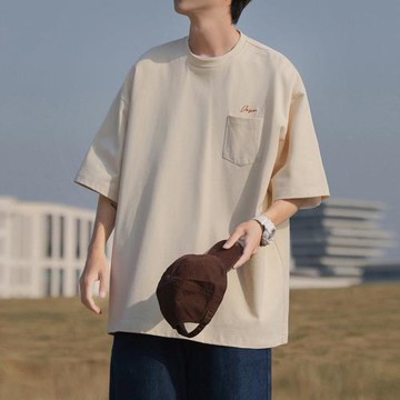 小領口t恤男夏季重磅純棉短袖青少年男裝港風潮流寬松半截袖體恤