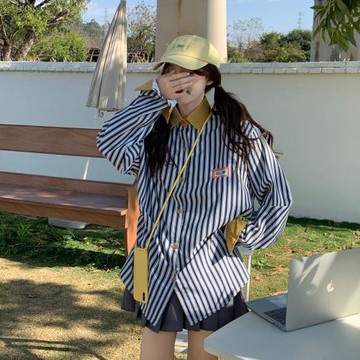 夏季韓版寬松顯瘦休閑百搭條紋襯衫外套女小眾設計高級感長袖上衣