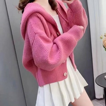 小個子短款連帽毛衣長袖外套女2024秋冬寬松新款外穿短款針織開衫