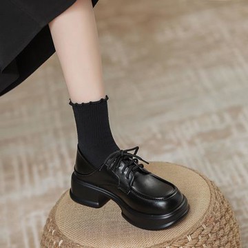 真皮厚底小碼樂福鞋2025秋冬新款系帶加絨單鞋增高小皮鞋女英倫風
