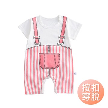 雪倫小舖-短袖包屁衣 春夏薄款連身衣 寶寶衣 新生兒衣服 背帶粉色