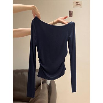 藏藍斜肩長袖t恤女2025春季褶皺收腰顯瘦小眾設計感內搭打底上衣