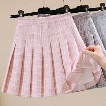 粉色格子裙女夏季半身裙短裙a字裙高腰學院風西裝收腰遮胯百褶裙