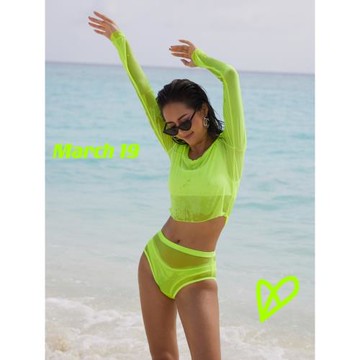March19新款比基尼沙灘防曬衫熒光色性感透視度假沖浪泳衣女罩衫