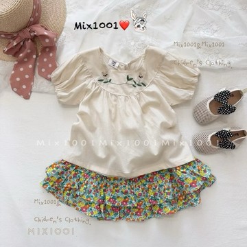 🌈✨mix1001 立體刺繡樹葉小兔造型上衣✨兒童2隻小兔刺繡棉麻上衣 5-17