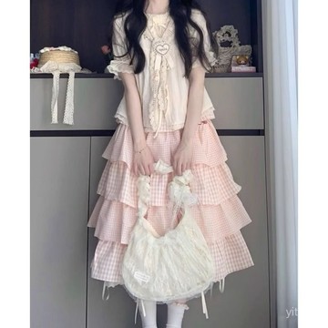 【臺灣有貨】法式粉色甜美少女上衣僊女長裙套裝女溫柔風粉色格子蛋糕裙兩件套