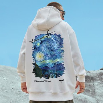 歐美潮牌大碼梵高星空油畫連帽衛衣男寬松情侶oversize秋冬季外套