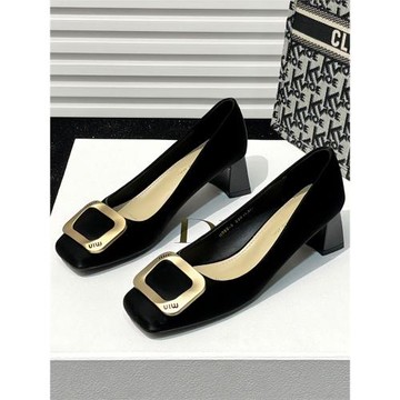 網紅版-法式方頭高跟鞋女2025年夏季新款時尚真皮方扣百搭單鞋女-