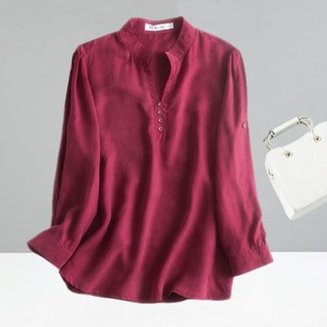 重磅真銅氨絲女上衣春夏長袖v領襯衫寬松氣質襯衣百搭小衫女小眾
