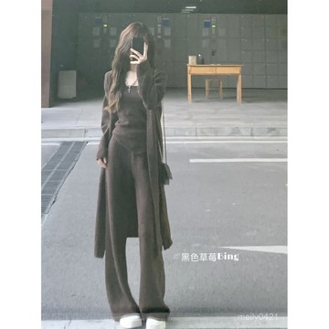 美拉德穿搭複古慵懶風高級感咖色針織開衫吊帶背心闊腿長褲三件套